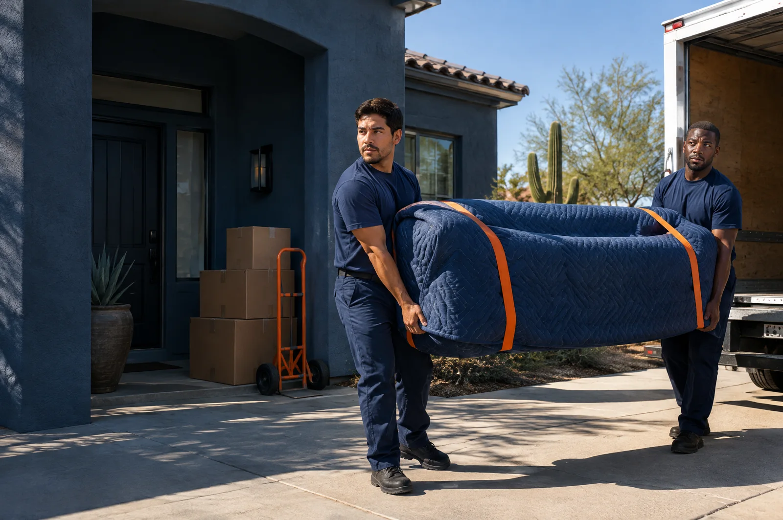 Illustration of movers carefully carrying a protected sofa outside an Arizona home