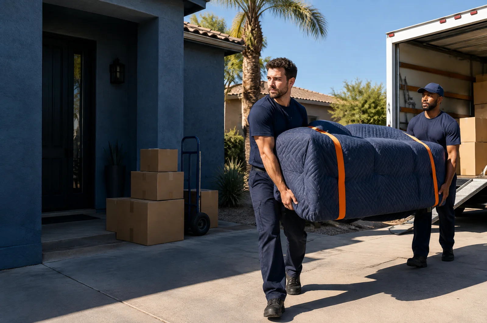 Illustrative scene of professional movers carrying a protected sofa beside a moving truck